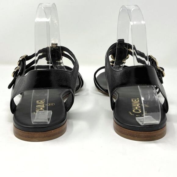 Chanel Black Leather Gladiator Strappy Enamel Flower Logo Flat Sandals - Picture 4 of 7